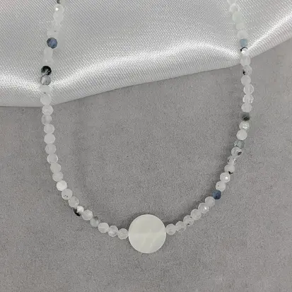 CHOKER PEDRA AGUA MARINHA CIRCULO MADREPEROLA
