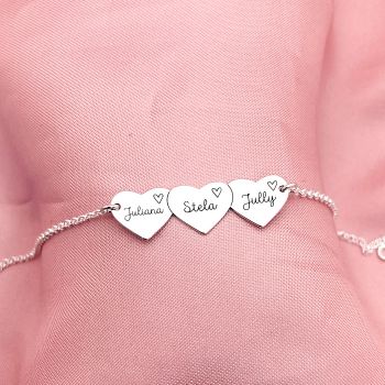 Pulseira Adulto 3 Corações Nomes Personalizados