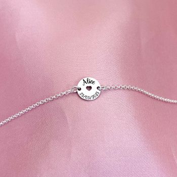 Pulseira Nome Data Mini Plaquinha Redonda