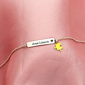 Pulseira Infantil Plaquinha Coração Envelhecida + Quebra Cabeça